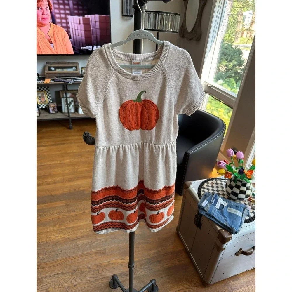 Gymboree pumpkin embroidered sweater dress intarsia fairisle pumpkins girls 8